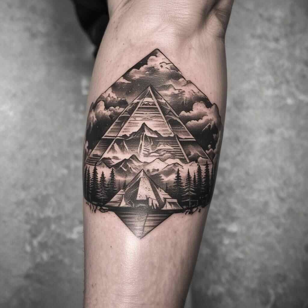 43 Immortal Ideas Of Meaningful Pyramid Tattoos That Have The World Of Art In A Chokehold! 36 Pyramid with Mountain Scene tattoo